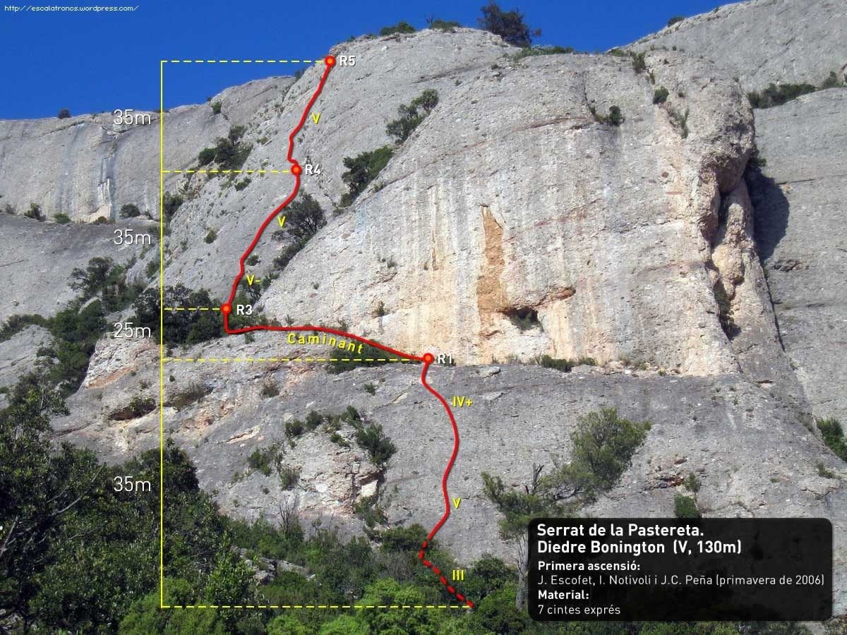 Original Catalan topo of Diedre Bonington, Serrat de la Pastereta, with the route line and belays R1–R5