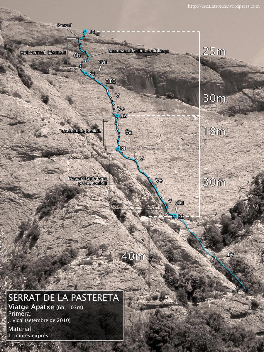 Original Catalan topo of Viatge Apatxe, Serrat de la Pastereta, with the route line and belays R0–R4